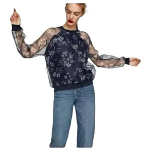 Zara Navy Floral Pullover Long Sheer  Sleeves Blouse Sweatshirt Top Size XS